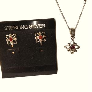 Natural Garnet & Sterling Silver Dainty Necklace and Earrings Set